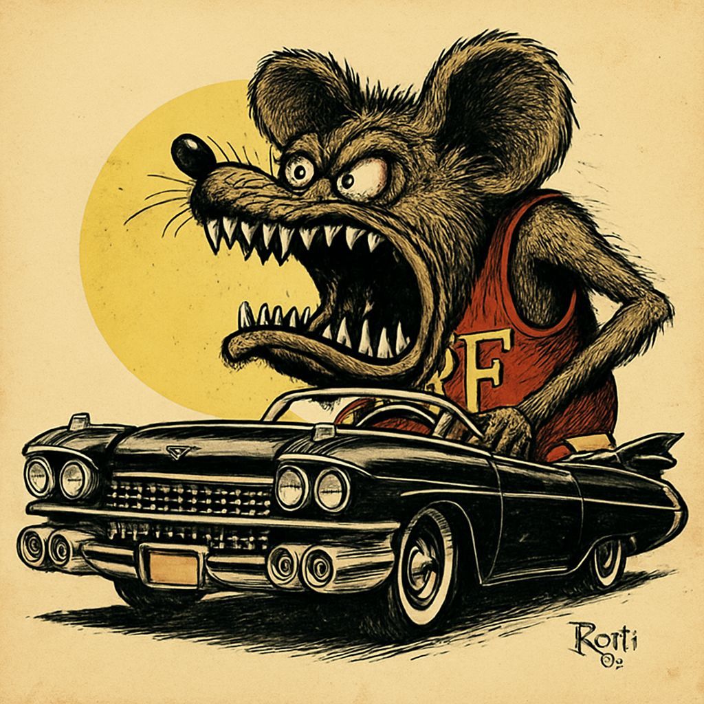 Rat Fink Driving a Cadillac, Ed Roth Illustration