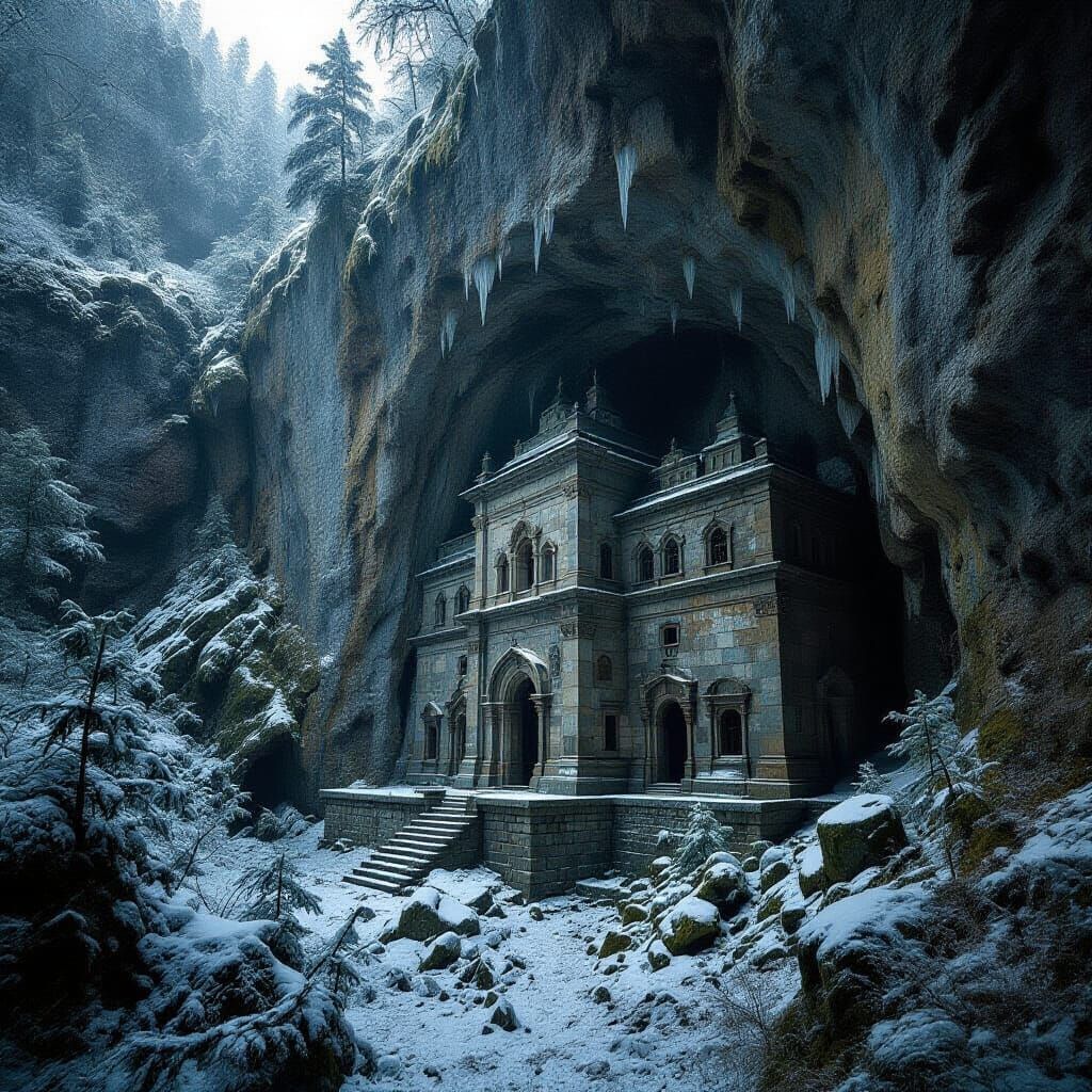 Hyper-Realistic Ancient Stone Monastery in Snowy Cliff