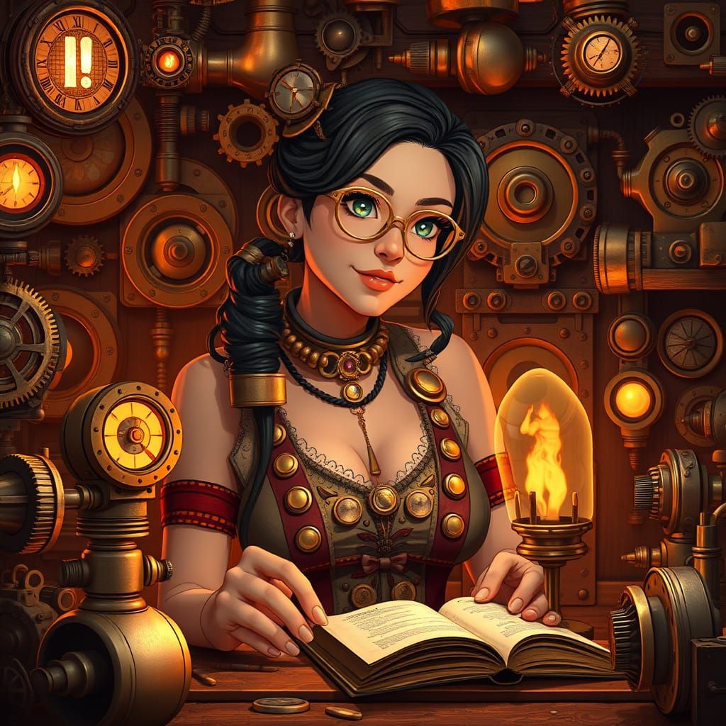 Steampunk Inventor's Workshop with Glowing Gears