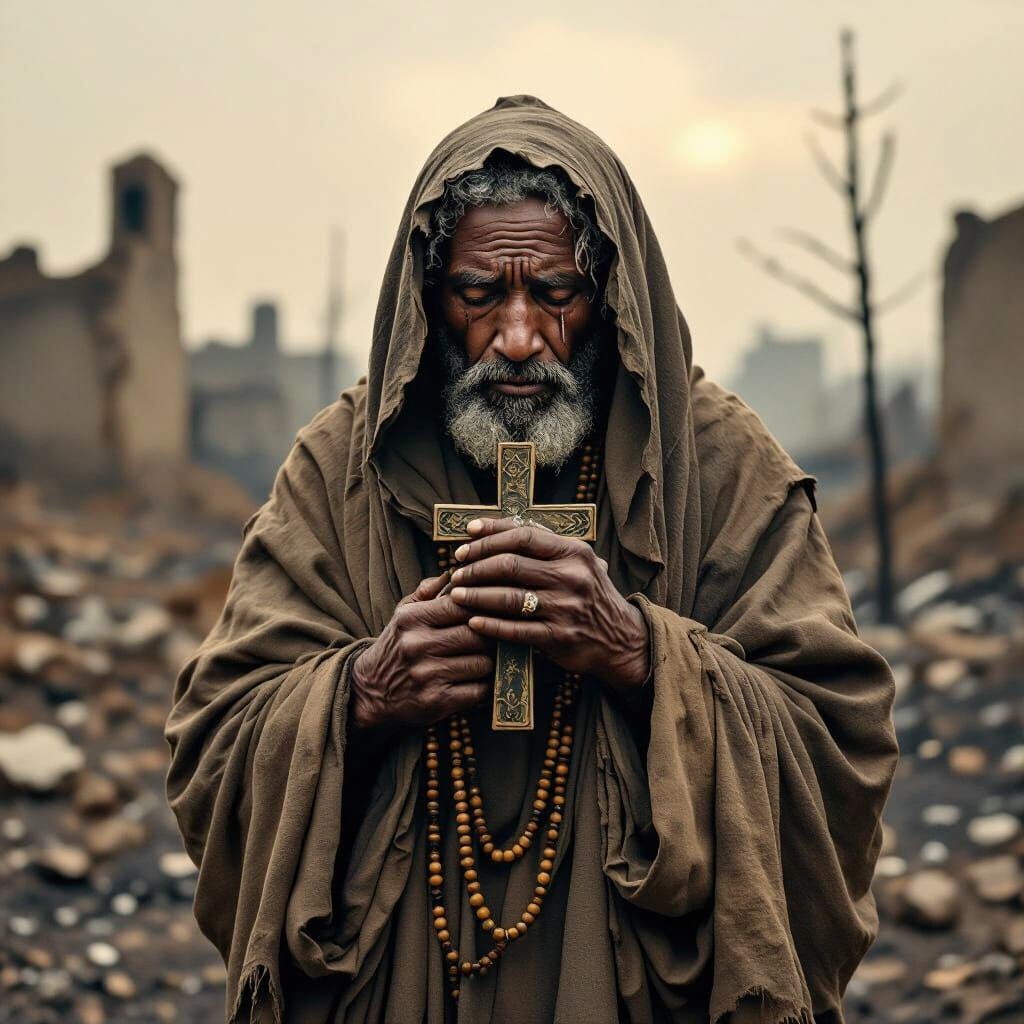 Sorrowful Ethiopian Monk in Desolate Landscape