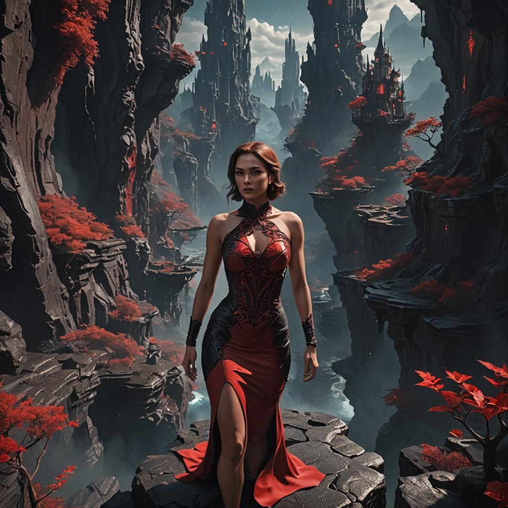 Woman in Red Dress Gazing into Abyss