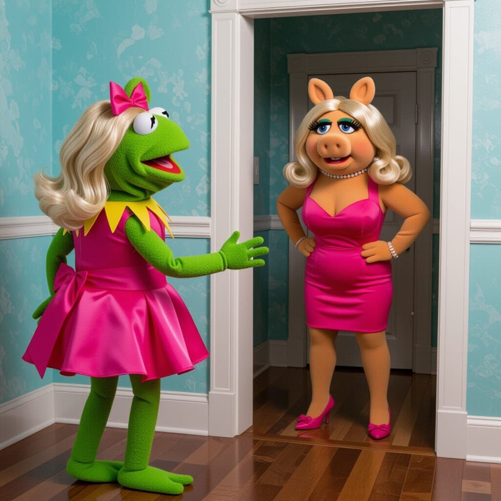 Kermit in Miss Piggy Costume Shocked by Real Miss Piggy