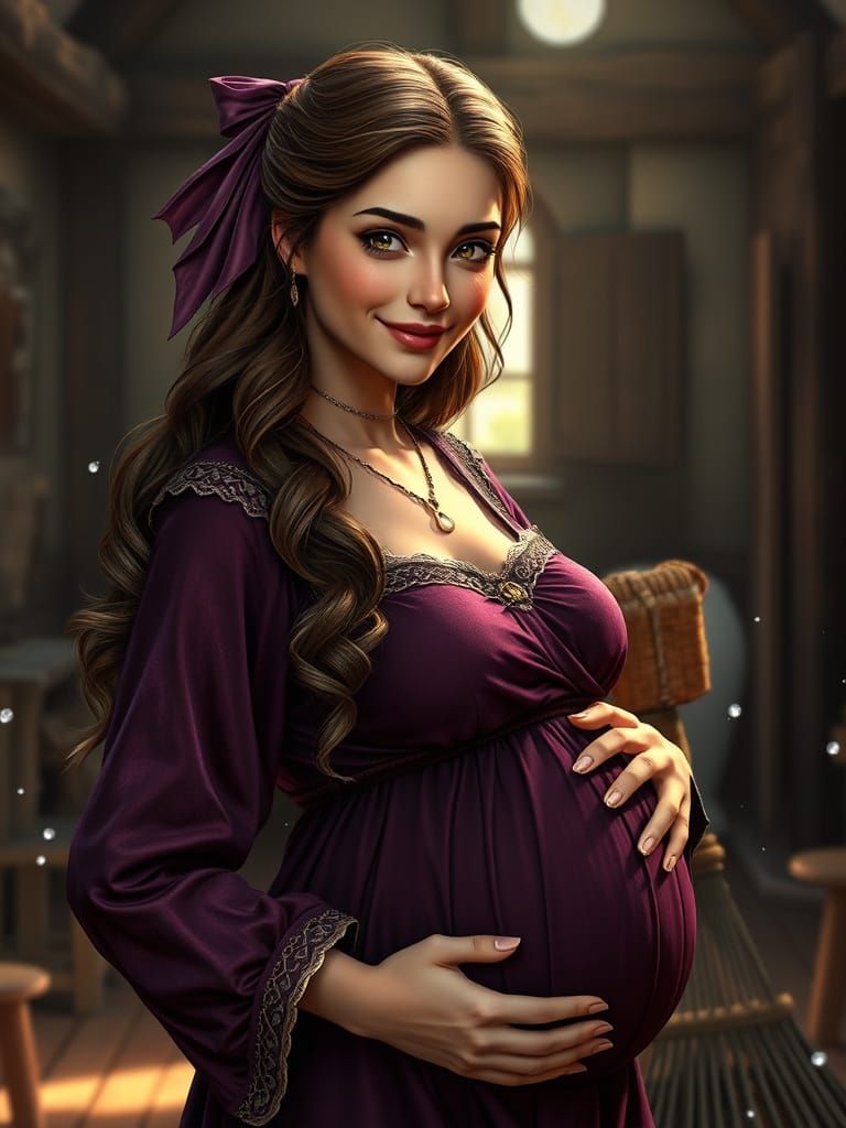 Medieval Pregnant Lady Sweeps Cottage Floor in Plum Velvet D...