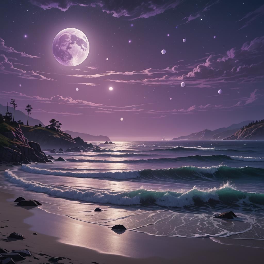 Glowing Orbs Above Moonlit Coastline: Fantasy Concept Art