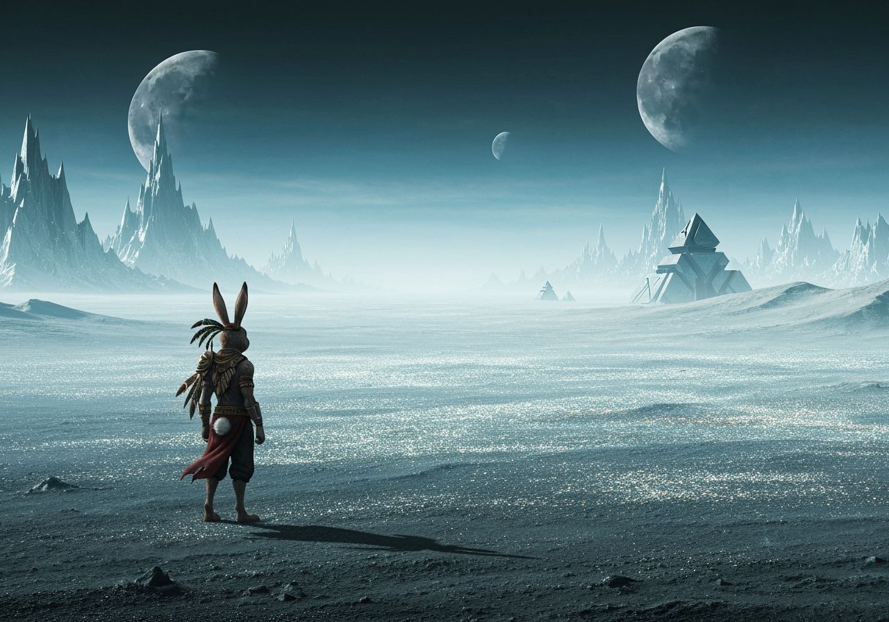 Anthropomorphic Rabbit in Tribal Wear on Alien World