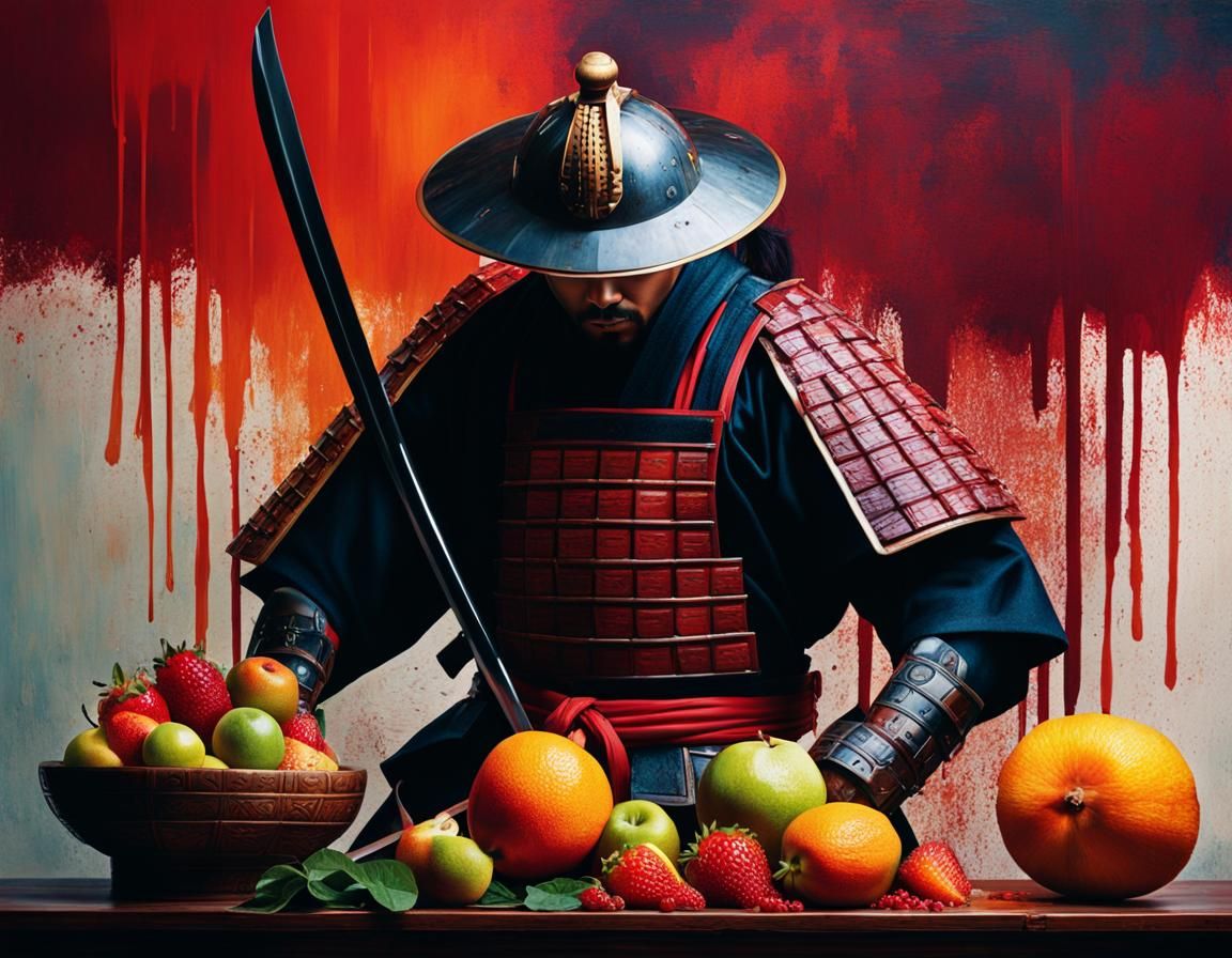 Samurai Slices Fruit in Action Painting Style