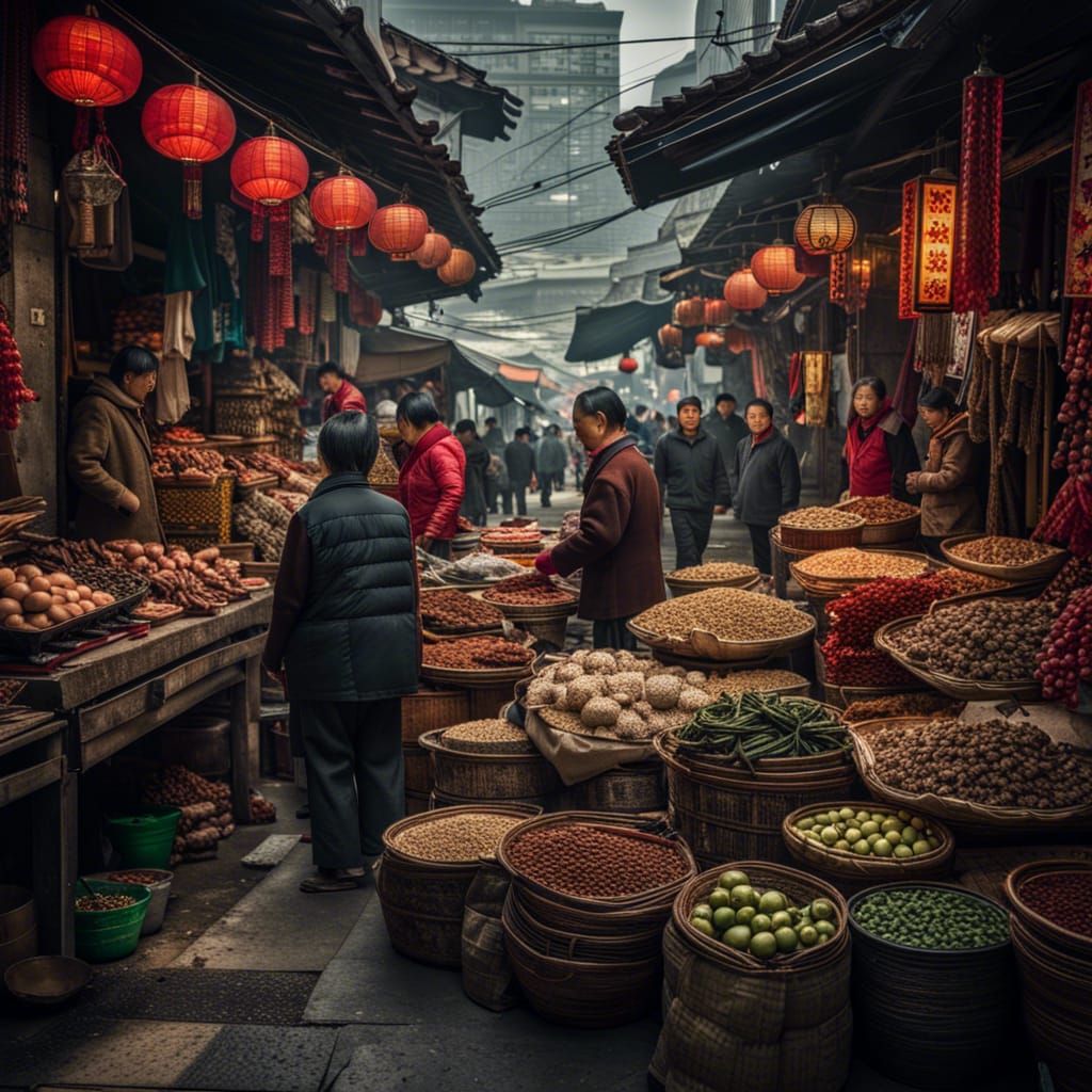 Vibrant Chinese Daily Market in Hyperrealistic Detail