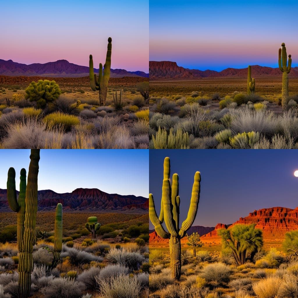 Desert Nightscape with Moon, Cacti and Joshua Trees
