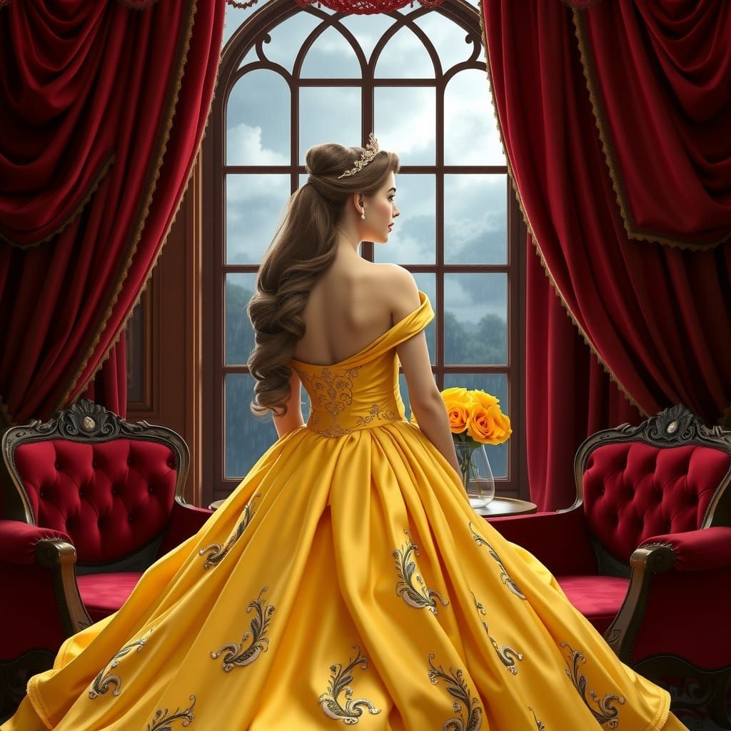 Elegant Belle in Golden Regalia Watches Rainy Scene