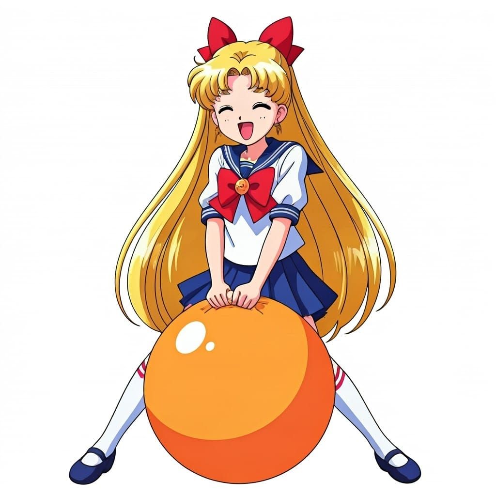 Schoolgirl Sailor Moon Character Bounces on Orange Hopper Ba...