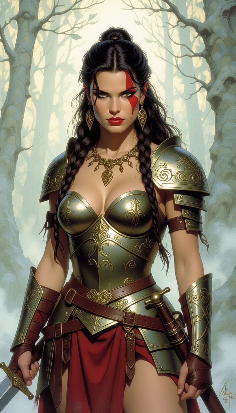 Celtic Warrior Queen in Misty Forest, Red War Paint