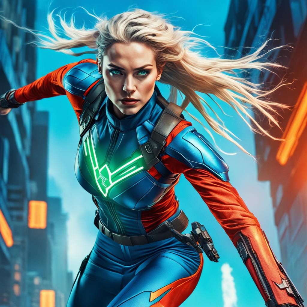Cyberpunk Superheroine Soaring Through Futuristic Cityscape