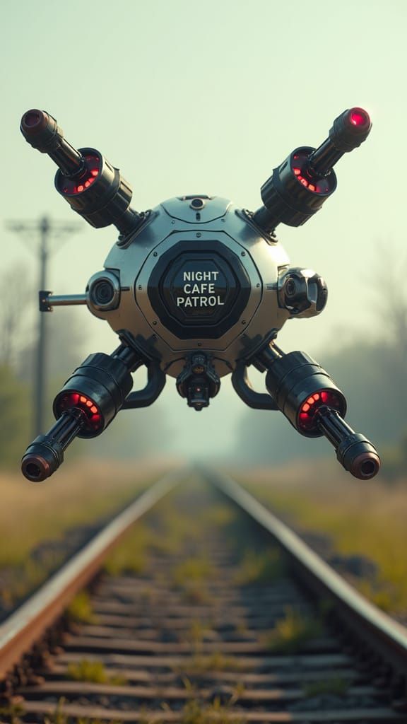 Surreal Futuristic Drone Patrols Abandoned Industrial Landsc...