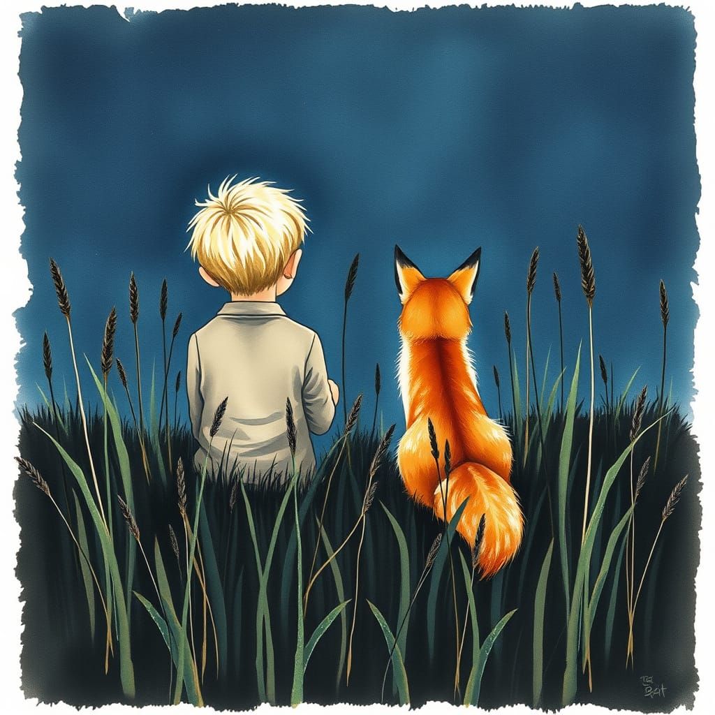 a blond boy and a fox sitting in the tall grass at night