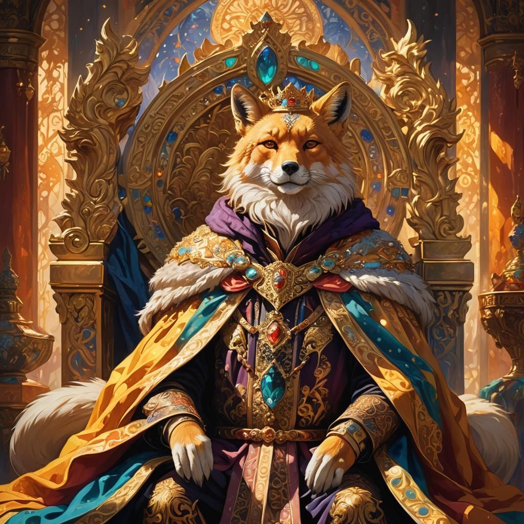 Fox King on Gemstone Throne in Mystical Forest