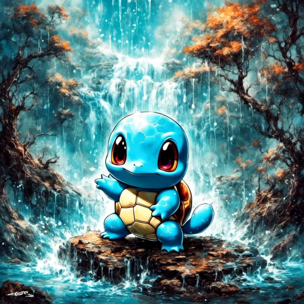 Chibi Squirtle Pokemon in Maximalist Watercolor Style