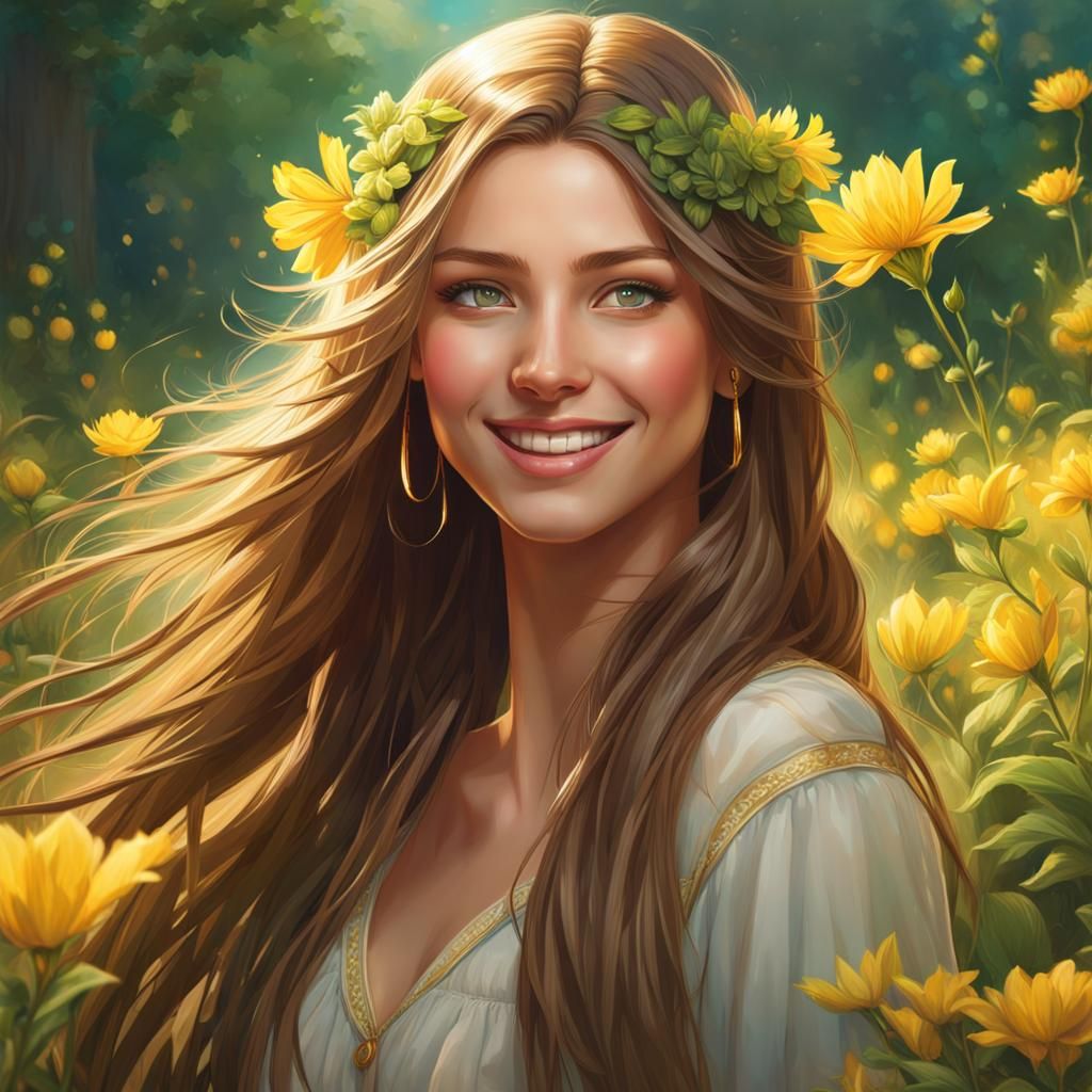 Portrait of Smiling Girl with Long Hair in Hyperdetailed Sty...