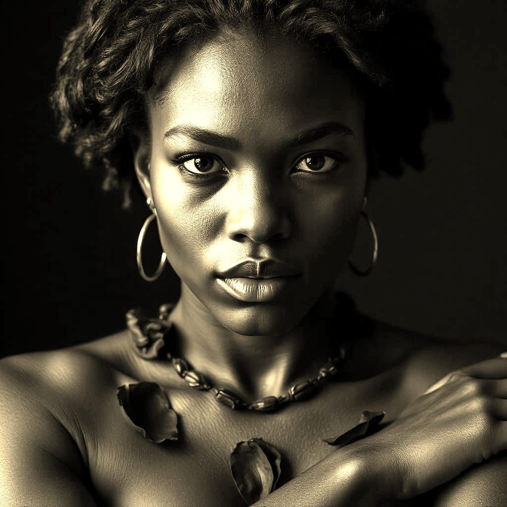 African Woman Covered in Black Roses with Demonic Gaze