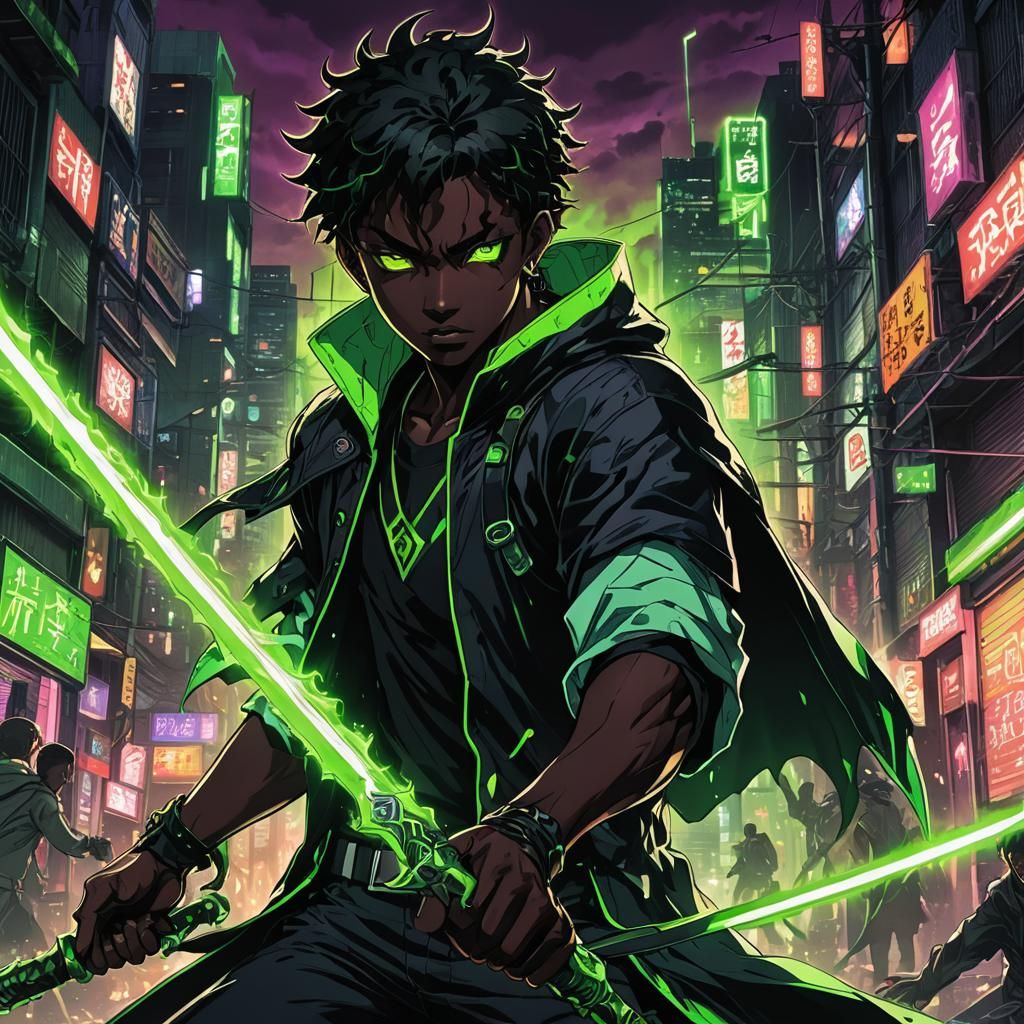 Vampire Boy with Neon Sword in Anime Style