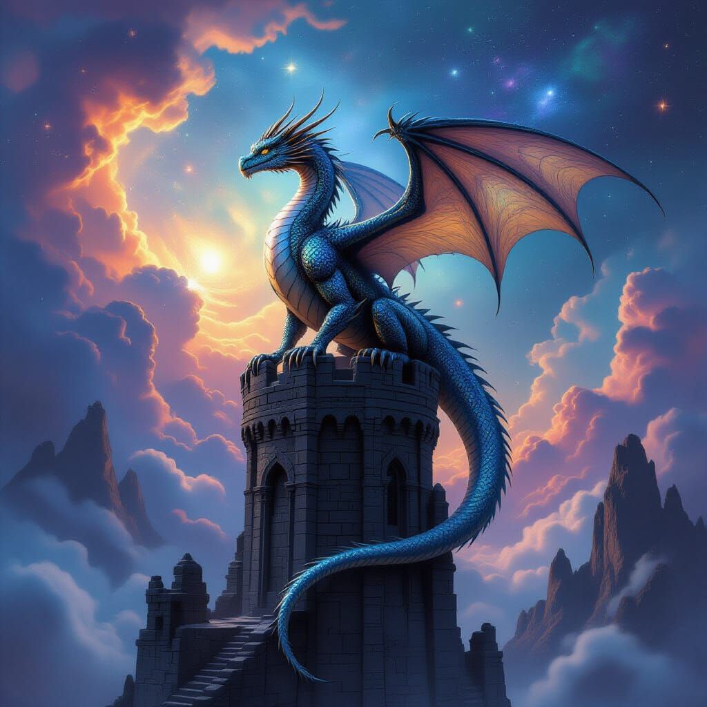 Ancient Dragon on Obsidian Tower Amidst Cosmic Nebula