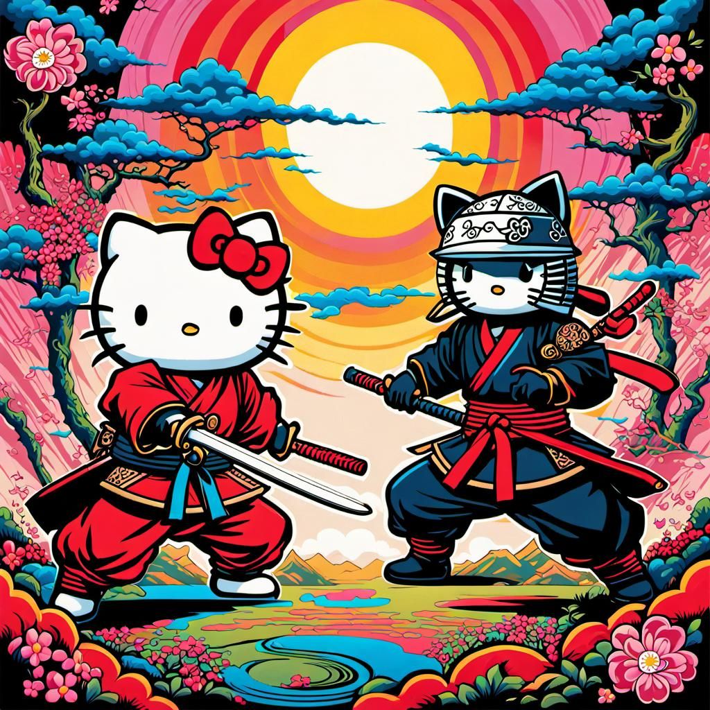 Samurai vs Hello Kitty Ninja in Psychedelic Battle
