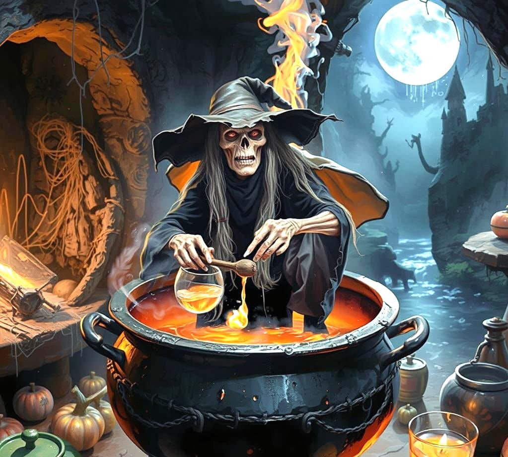 Wide shot of the cave of a scary witch mixing a Potion in a glass cauldron bubbling under a wood fire.
