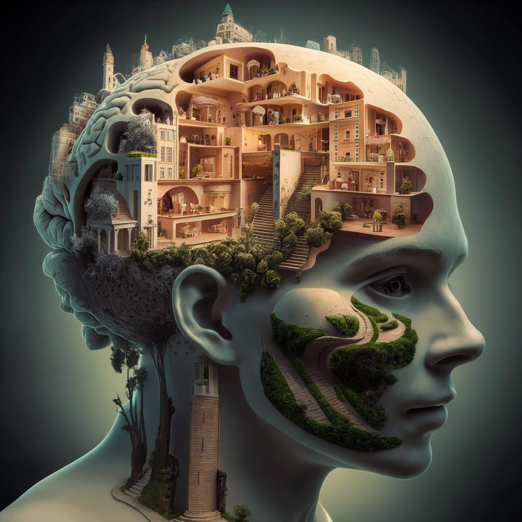 Surreal Architectural Human Head Digital Illustration