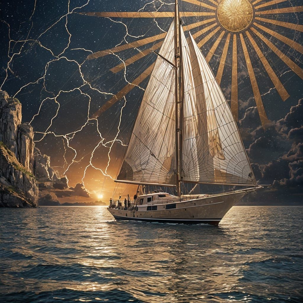 Luxurious Metallic Mosaic Sailboat at Sunrise