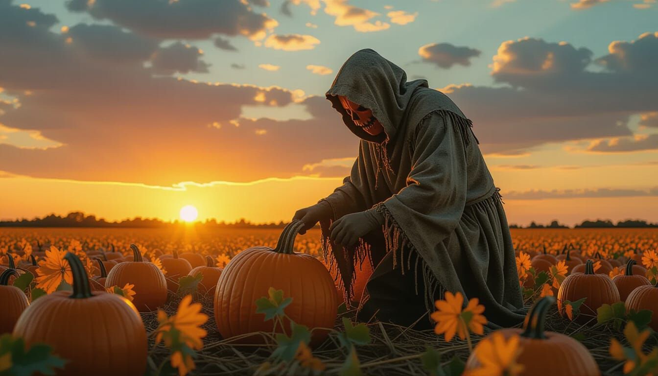 Anthropomorphic Pumpkin Harvest at Sunset