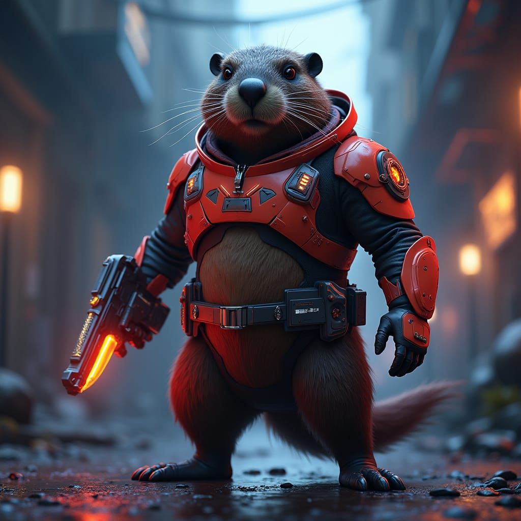 Futuristic Beaver in Battle Suit with Neon Accents