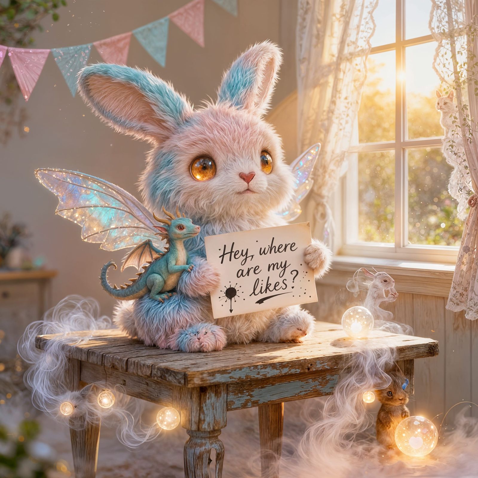 Cute Bunny-Dragon Hybrid Holding 'Likes?' Sign