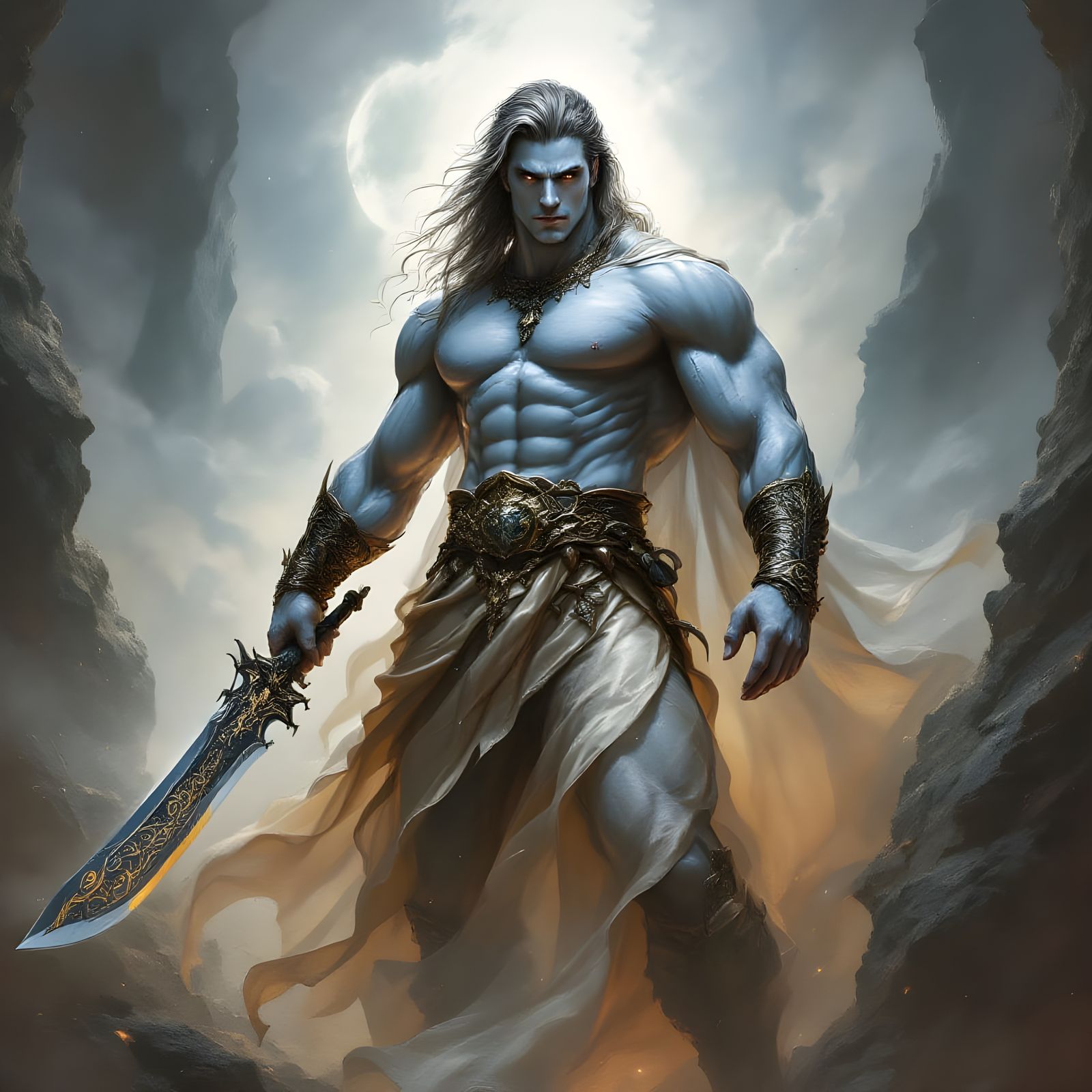 Ethereal Warrior with Scimitar in Luxurious Attire