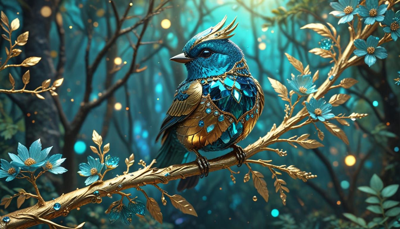 Jewel Bird Perched on Golden Branch: Fantasy Art
