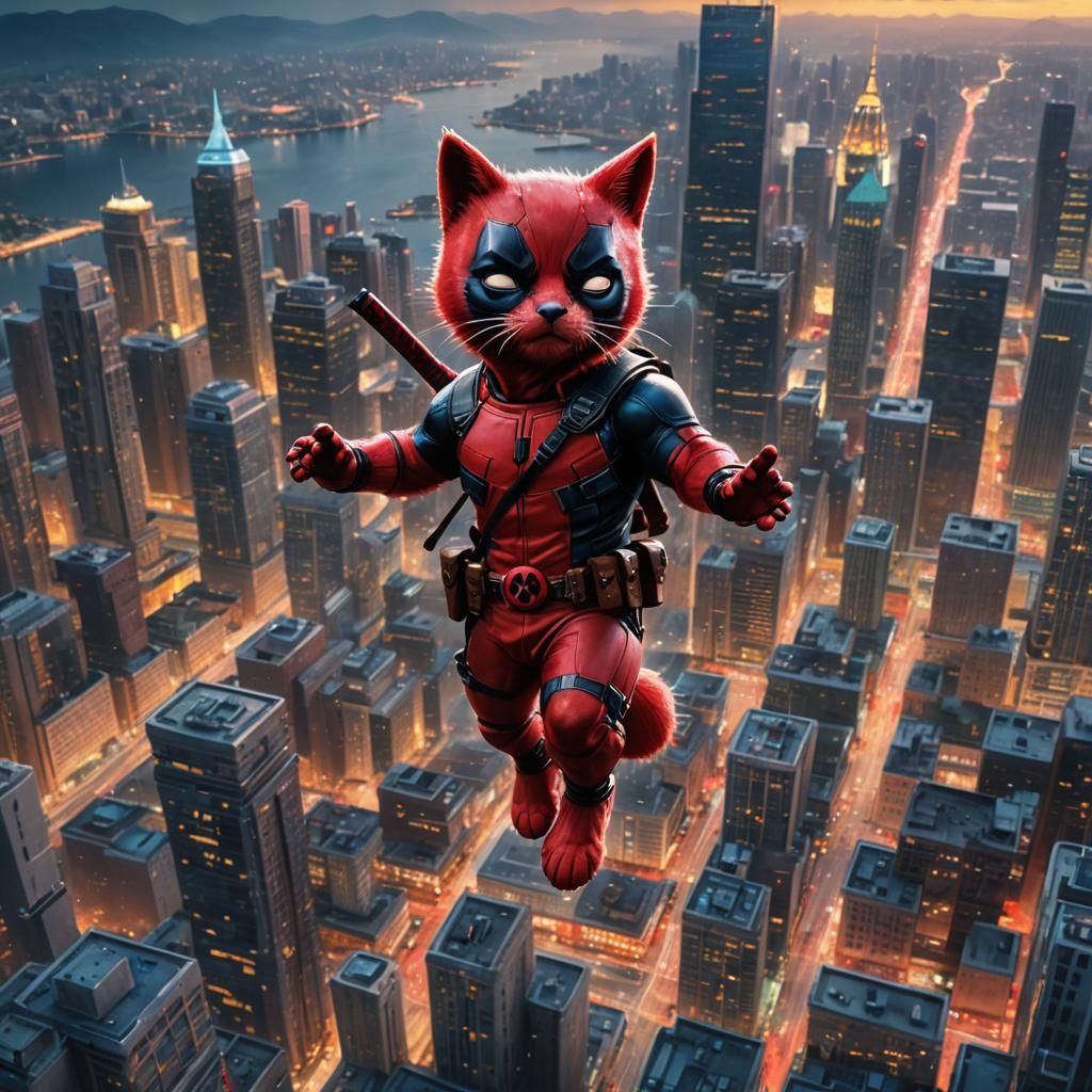 Deadpool Cat in Mystical Cityscape: Digital Art
