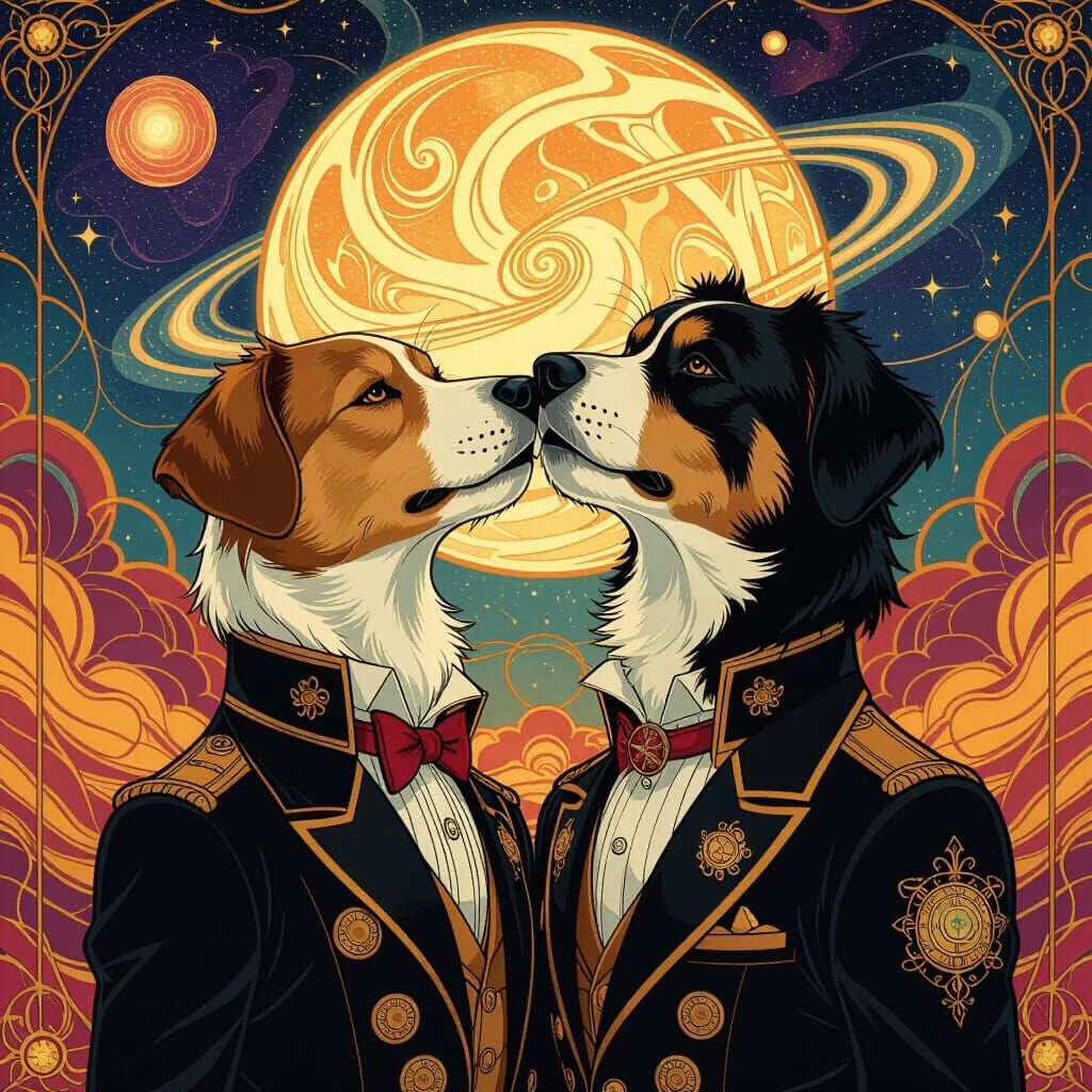 Dapper and Astro Dogs Kissing Under Starry Sky
