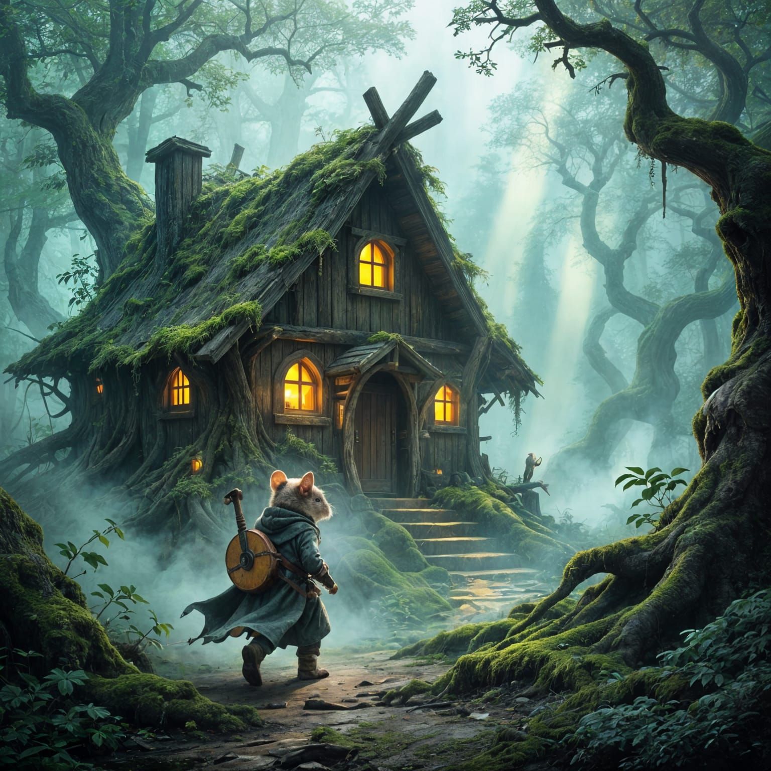 Ancient Forest Hut Overgrown with Nature and Mist