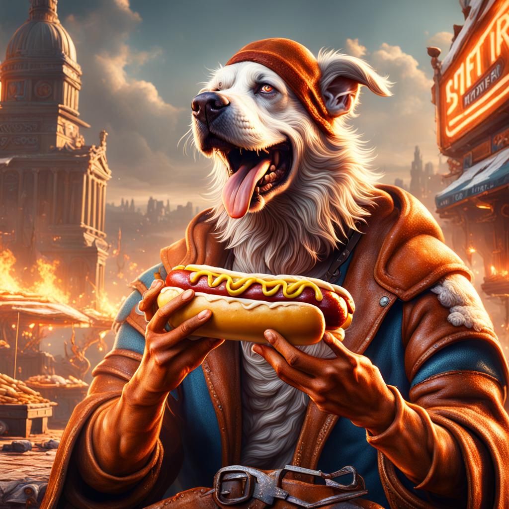 American Man Eating Hot Dog in Detailed Matte Painting