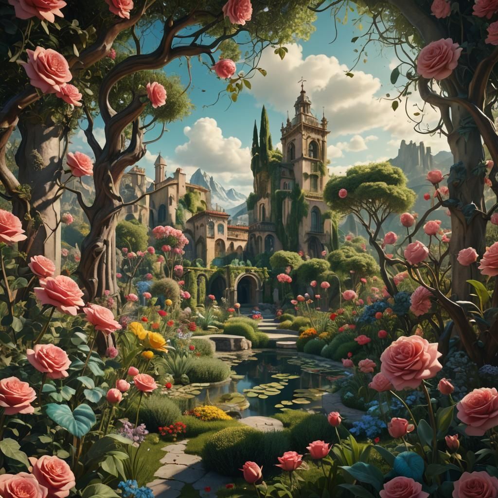 Surreal Garden with Roses in Salvador Dali Style