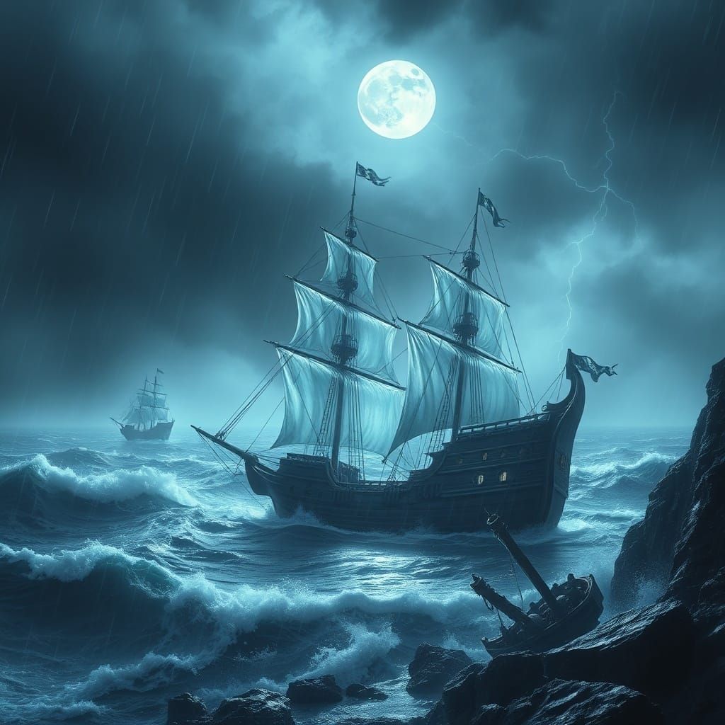 Ghostly Pirate Galleon in Stormy Cove