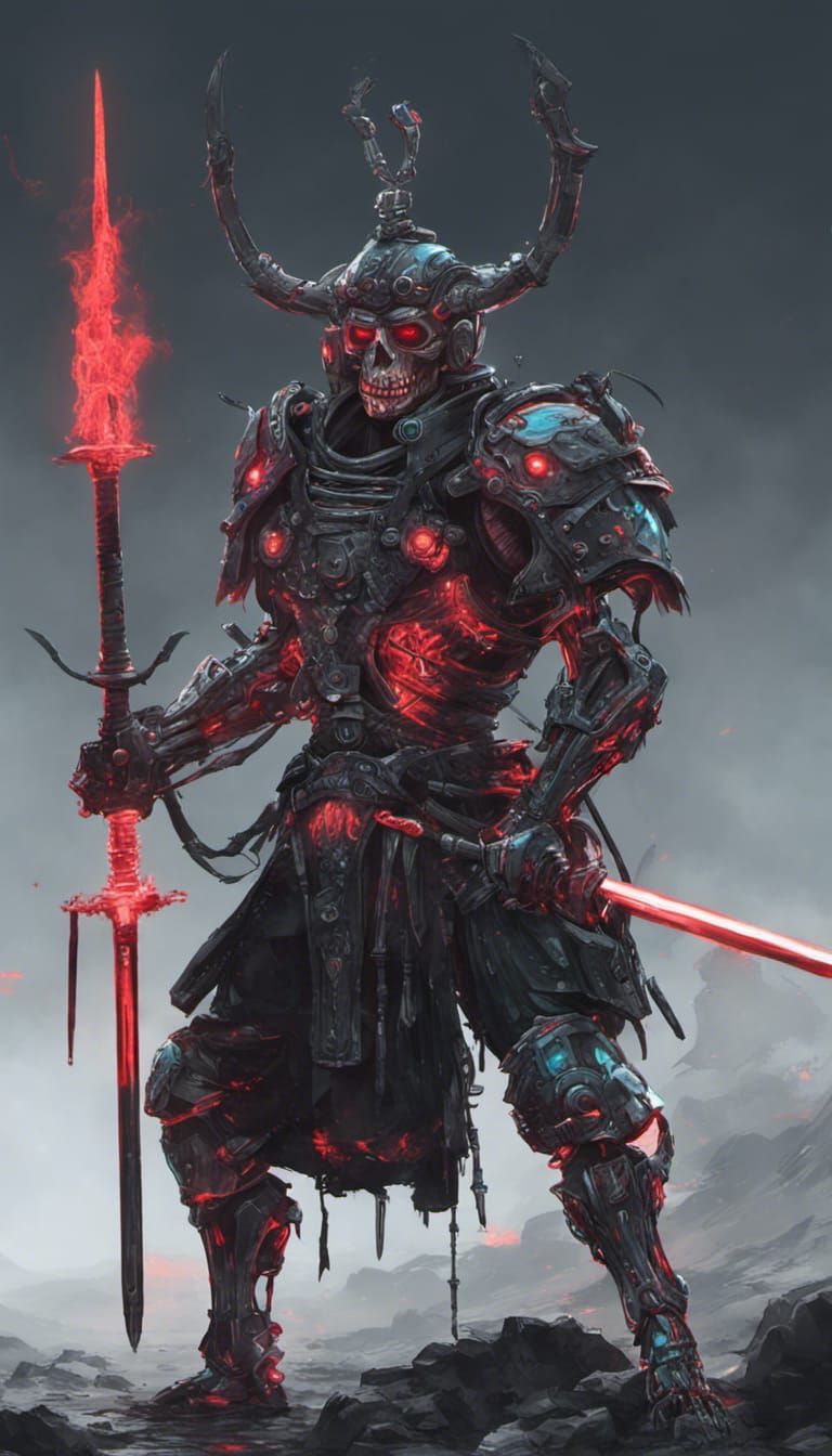 Bioluminescent Cyborg Samurai Skeleton Warrior in Sci-Fi Arm...