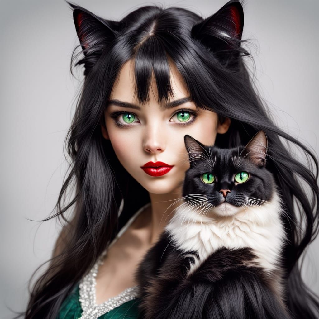 Stunning Portrait of a Cat and Her Owner in Bright Green Eye...
