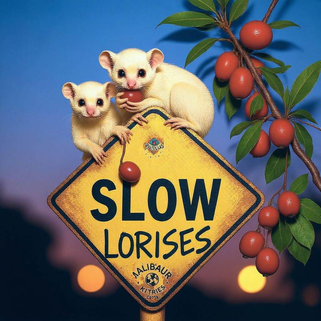 Javan Slow Loris Family Eating Plums at Dusk