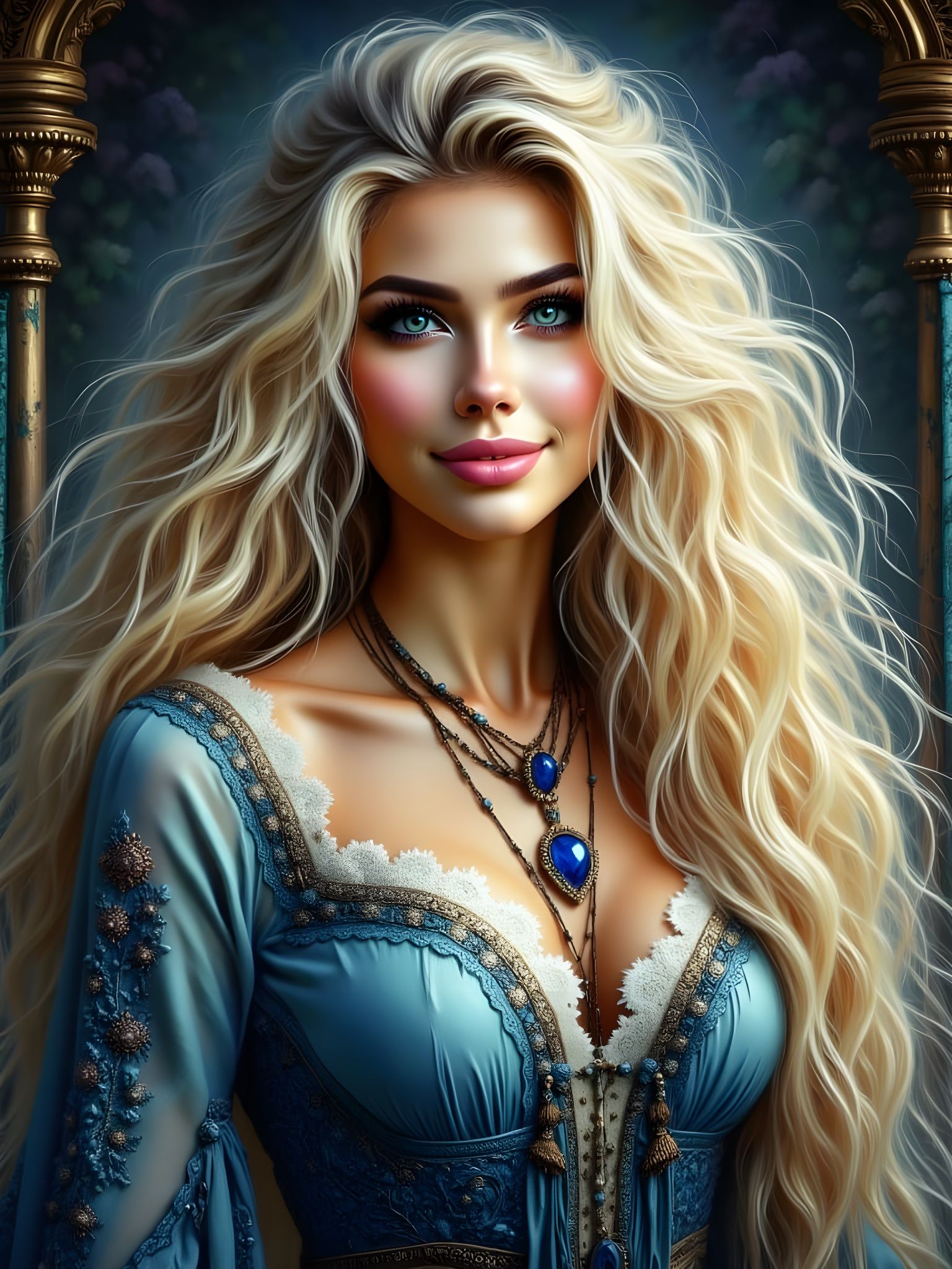 Norse Goddess in Elegant Blue Gown with Flaxen Hair