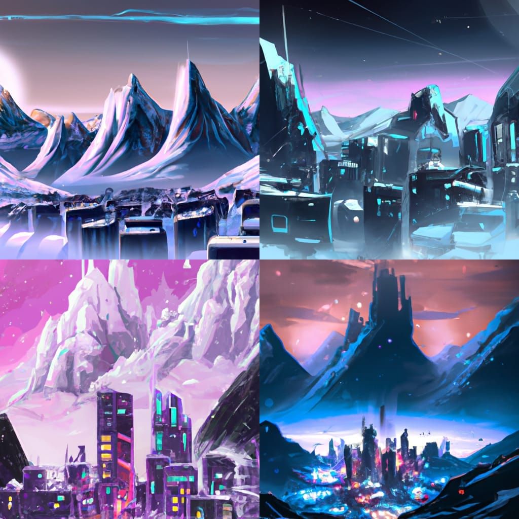 Cyberpunk City Meets Snowy Mountain Landscape