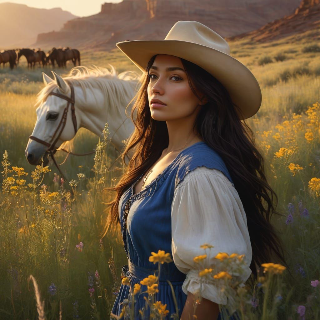 Woman in Cowboy Hat Standing in Wildflower Field