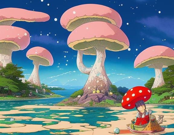 Toadstool Mansion by River: Anime Ink Drawing