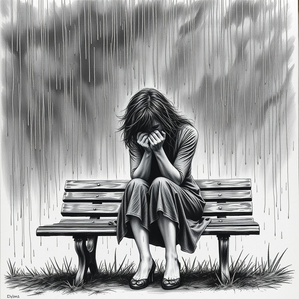 A Woman Overwhelmed by Sorrow in the Rain