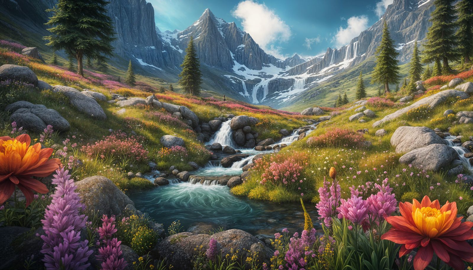 Colorful Alpine Meadow with Waterfall: Fantasy Art