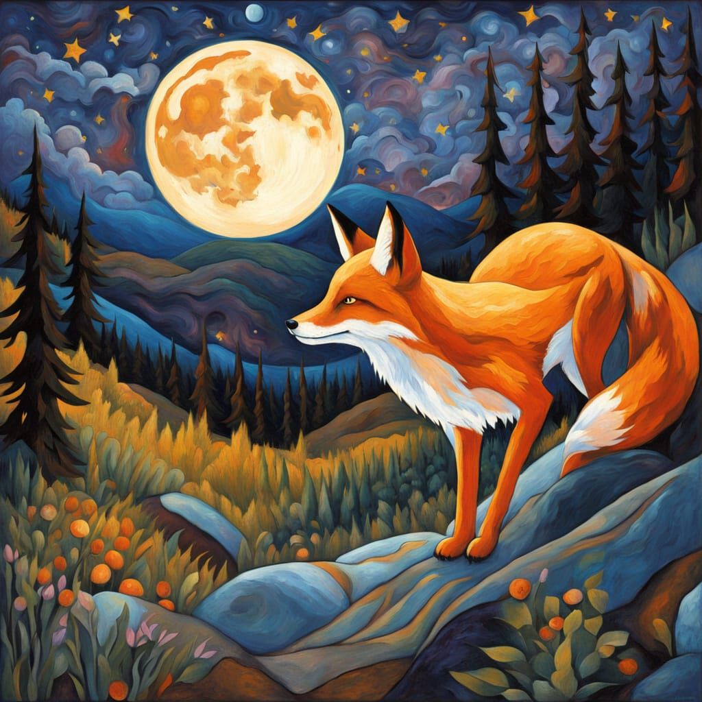Fox Gazes at Fractured Moon in Enchanted Forest