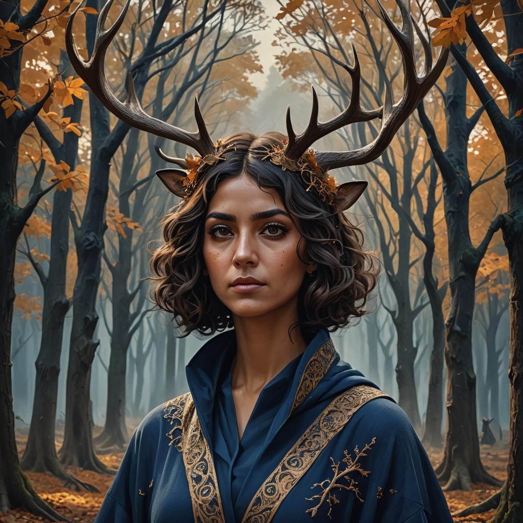 Antlered Woman in Autumn Forest: Fantasy Concept Art